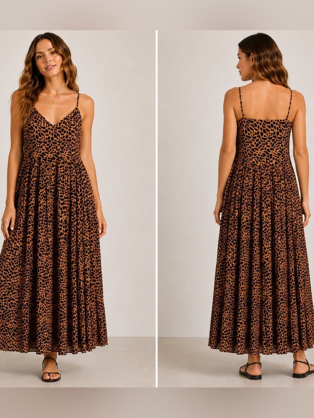 Doe & Rae Leopard Print Maxi Dress Size L Pleated Spaghetti Strap Animal Print